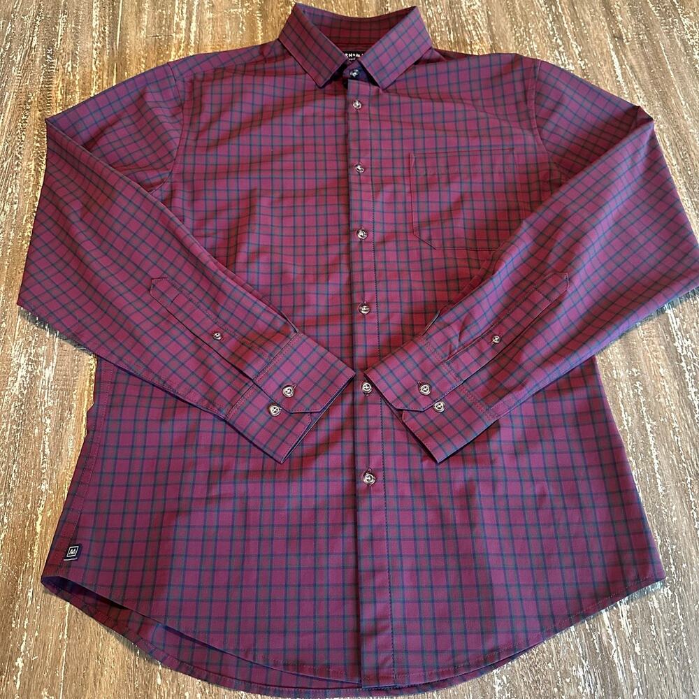 Mizzen + Main Leeward No Tuck Performance Dress Shirt Maroon Check Mens M Trim